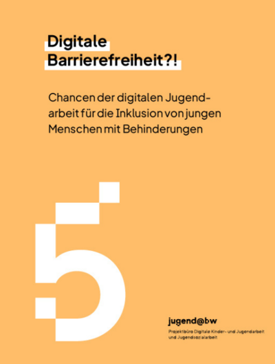 Cover der Handreichung in hellem orange mit schwarzer Schrift und einer großen weißen fünf.