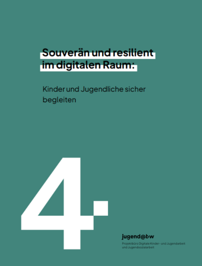 Cover der Handreichung dunkelgrün mit weißer Schrift und einer grßen weißen vier. 